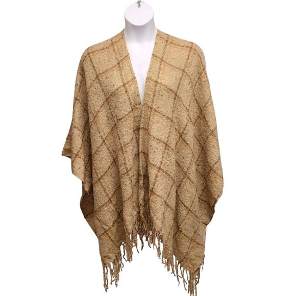 Modena Accessories - Modena Wrap Womens One Size Tan Window Pane Check  Fringed Poncho Ruana